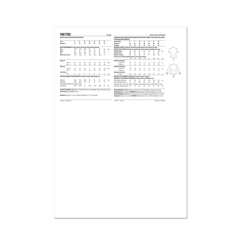 Patron New Look 6790 - Blouse ajustée à deux longueurs de manches