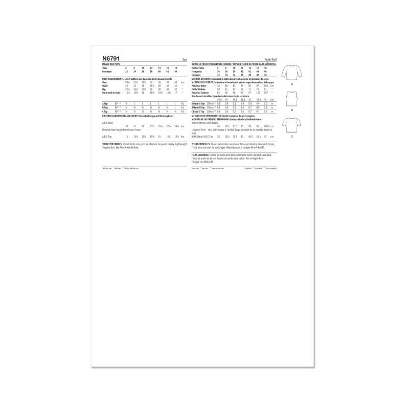 Patron New Look 6791 - Hauts en maille pour femme