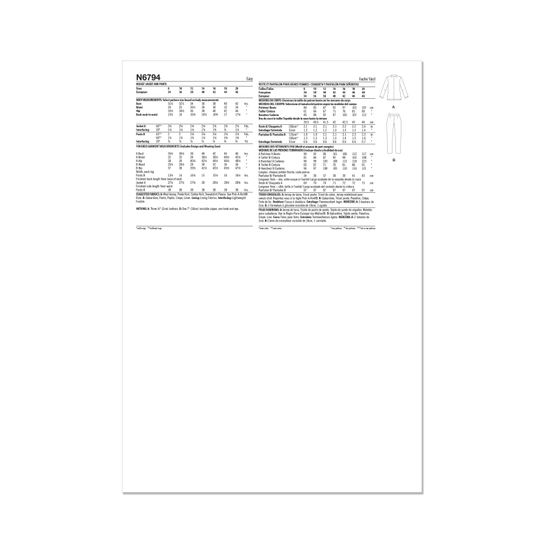 Patron New Look 6794 - Veste et pantalon