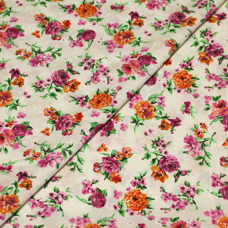 Broderie anglaise 100% coton - Fleuri rose & orange fond écru