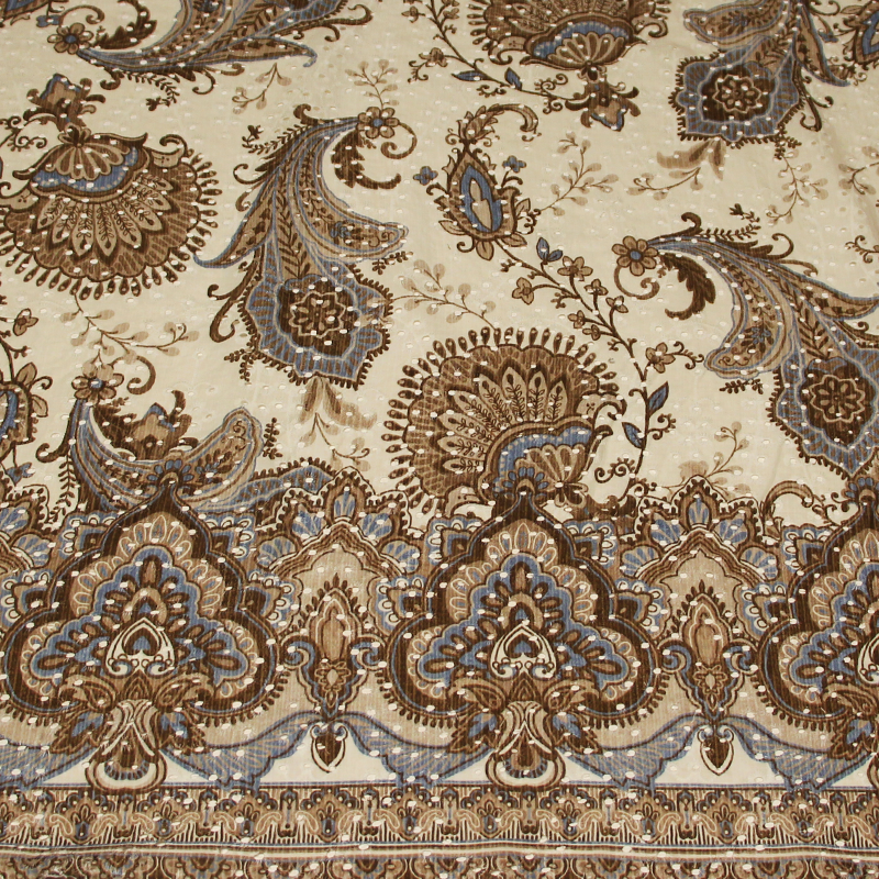 Broderie anglaise 100% coton - Fleuri marron & bleu fond écru