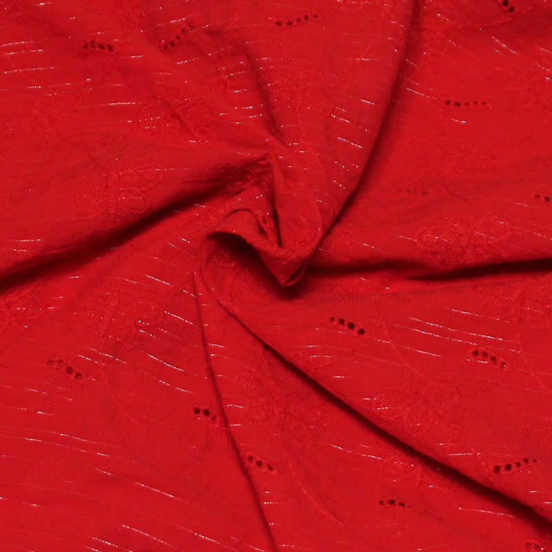 Broderie anglaise 100% coton - Papillon fond rouge détail rayure lurex doré