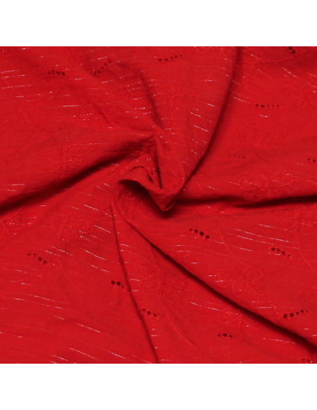 Broderie anglaise 100% coton - Papillon fond rouge détail rayure lurex doré