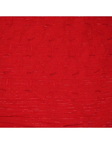 Broderie anglaise 100% coton - Papillon fond rouge détail rayure lurex doré
