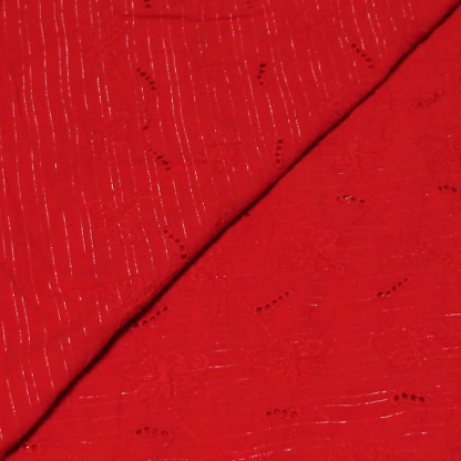 Broderie anglaise 100% coton - Papillon fond rouge détail rayure lurex doré 2