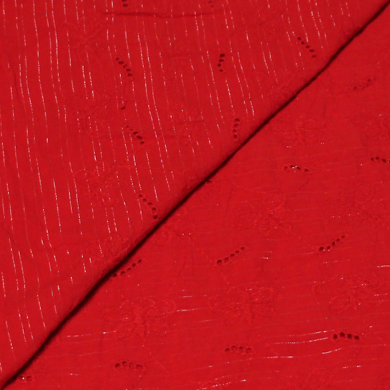 Broderie anglaise 100% coton - Papillon fond rouge détail rayure lurex doré