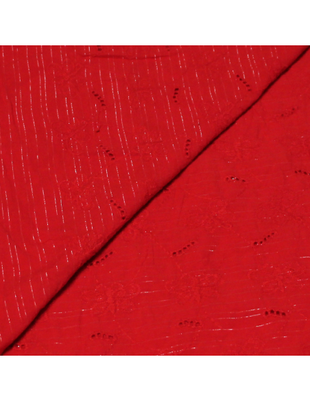 Broderie anglaise 100% coton - Papillon fond rouge détail rayure lurex doré