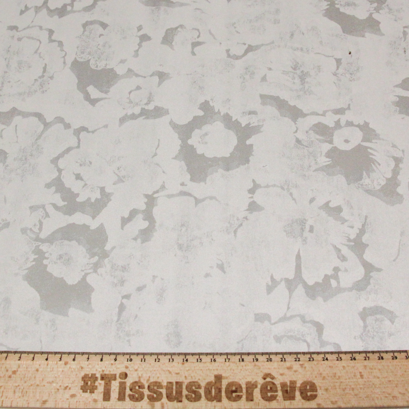 Gabardine coton & élasthanne - Floral gris brillant