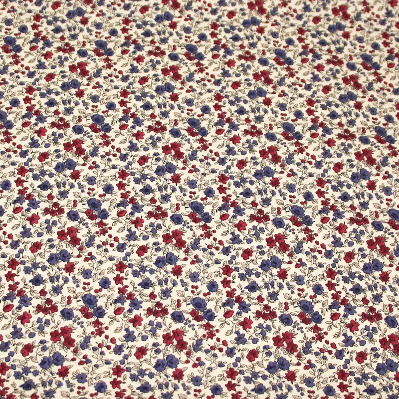 Cretonne 100% coton - Fleuri bleu & pourpre fond blanc