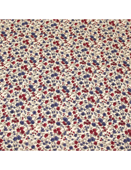 Cretonne 100% coton - Fleuri bleu & pourpre fond blanc