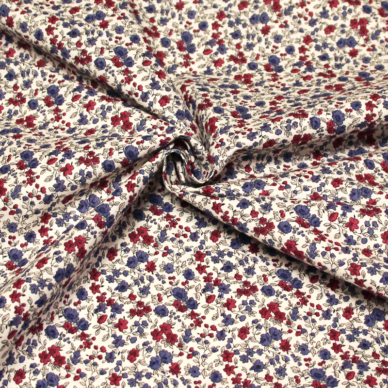 Cretonne 100% coton - Fleuri bleu & pourpre fond blanc