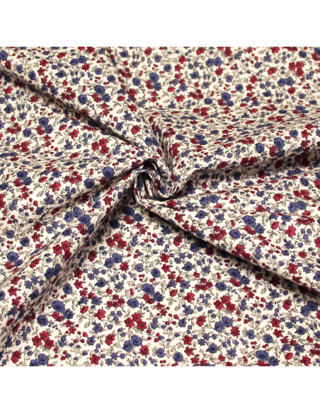 Cretonne 100% coton - Fleuri bleu & pourpre fond blanc