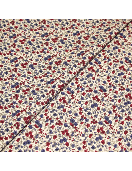 Cretonne 100% coton - Fleuri bleu & pourpre fond blanc