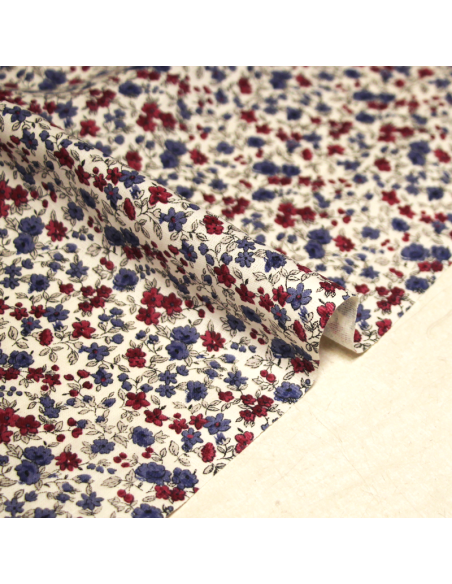Cretonne 100% coton - Fleuri bleu & pourpre fond blanc