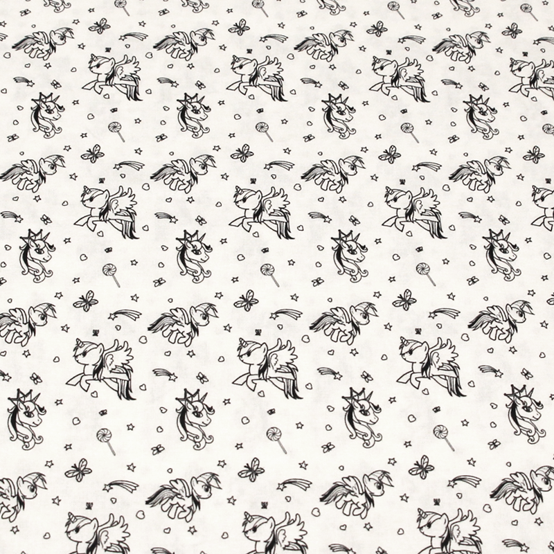 Cretonne 100% coton - Licorne noir fond blanc optique