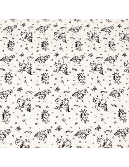 Cretonne 100% coton - Licorne noir fond blanc optique