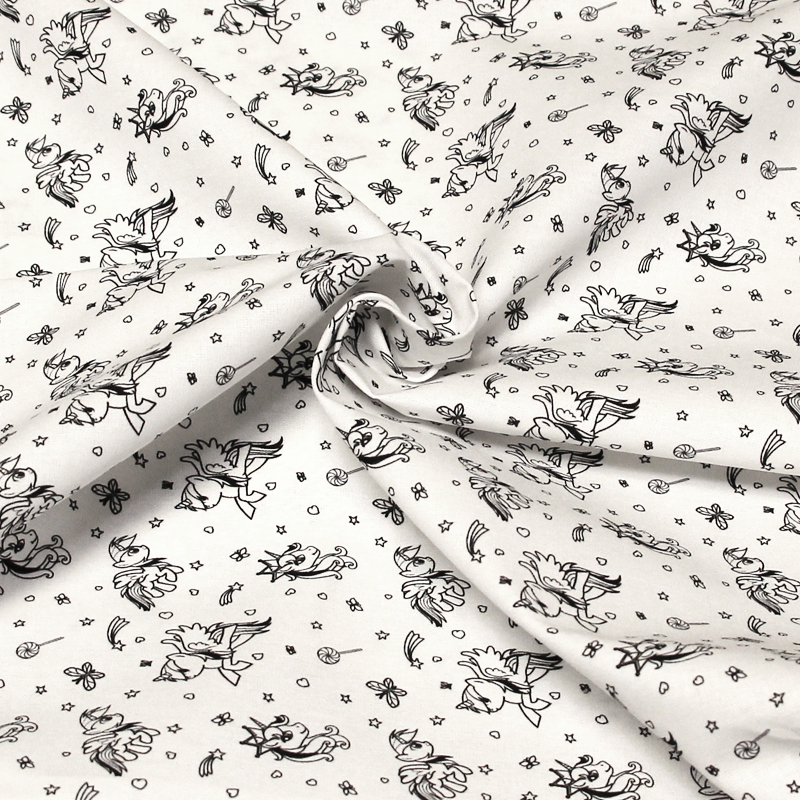 Cretonne 100% coton - Licorne noir fond blanc optique