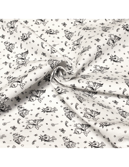 Cretonne 100% coton - Licorne noir fond blanc optique