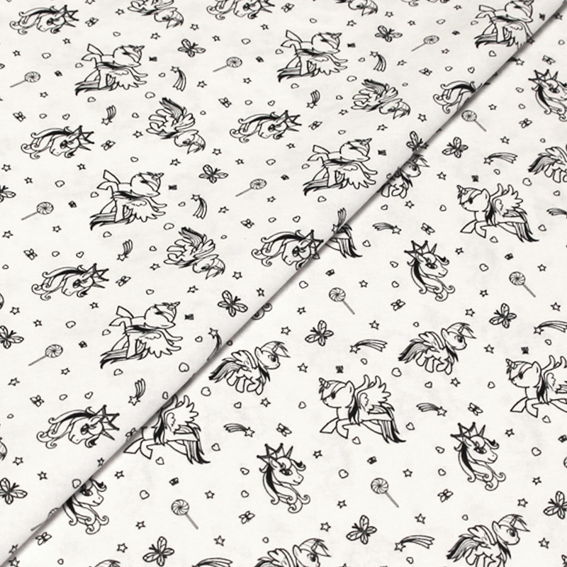 Cretonne 100% coton - Licorne noir fond blanc optique