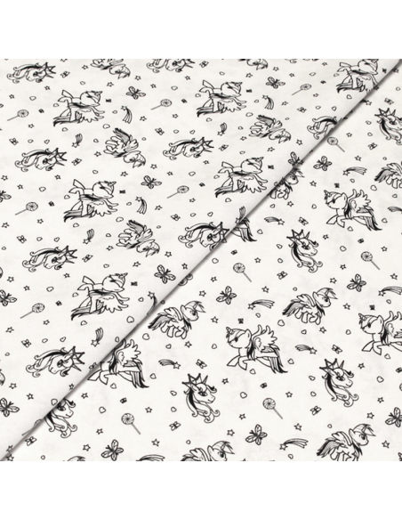 Cretonne 100% coton - Licorne noir fond blanc optique