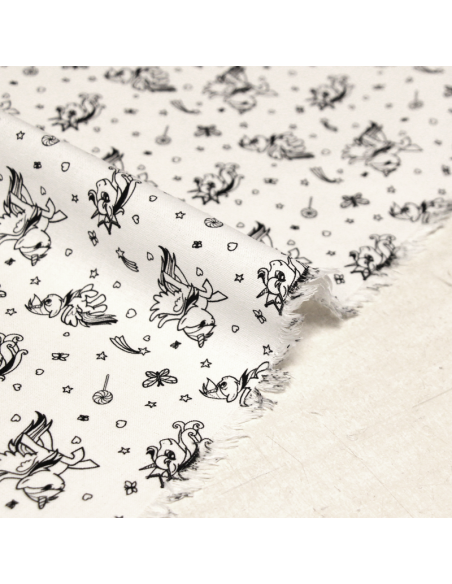 Cretonne 100% coton - Licorne noir fond blanc optique