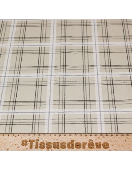 Gabardine sergé croisé coton & élasthanne - Carreaux beige