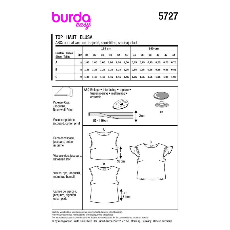 Patron Burda 5727 - Top ajusté à épaules tombantes