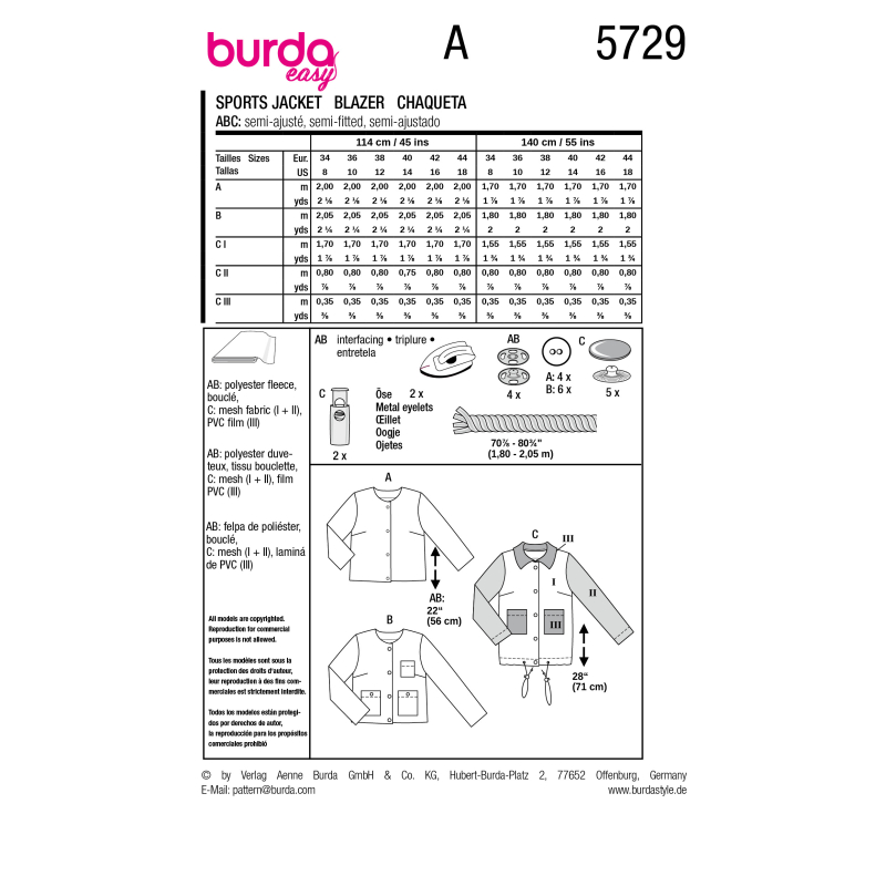 Patron Burda 5729 - Blazer et veste pour femme