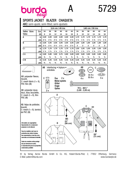 Patron Burda 5729 - Blazer et veste pour femme