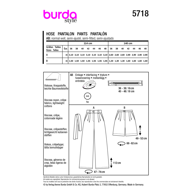 Patron Burda 5718 - Pantalon Marlene et Short stylé