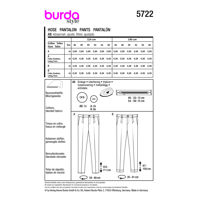 Patron Burda 5722 - Pantalon classique pour hommes