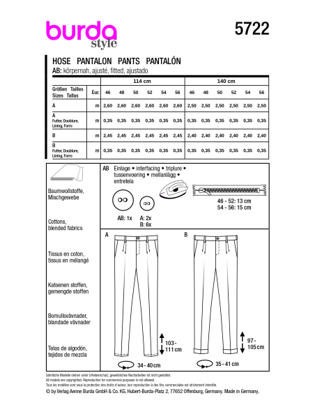Patron Burda 5722 - Pantalon classique pour hommes