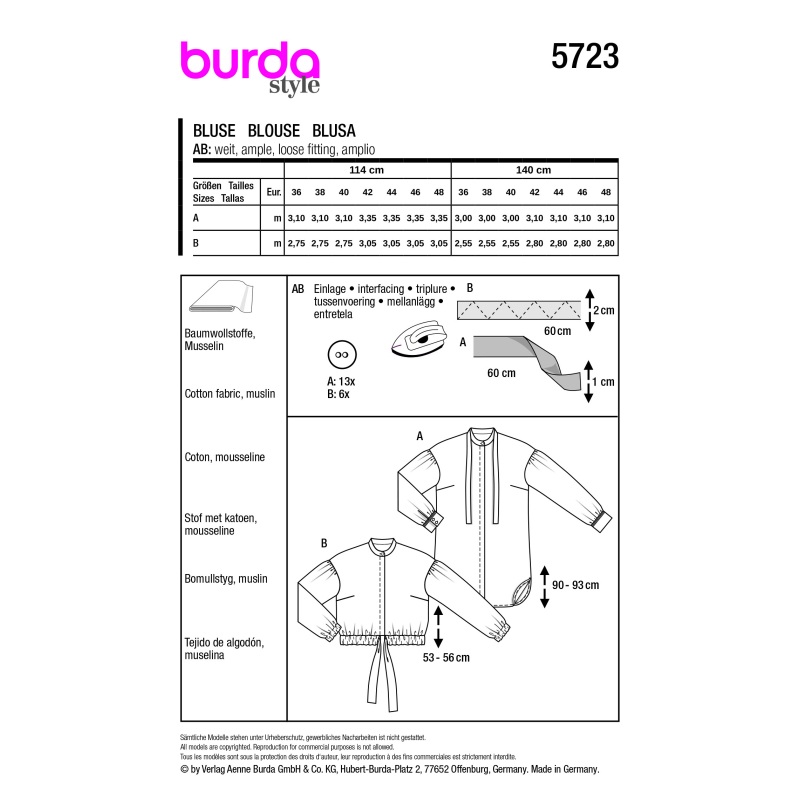 Patron Burda 5723 - Blouse à nouer au col ou en bas