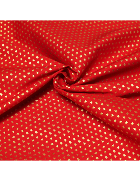 Popeline 100% coton - Étoile dorée fond rouge