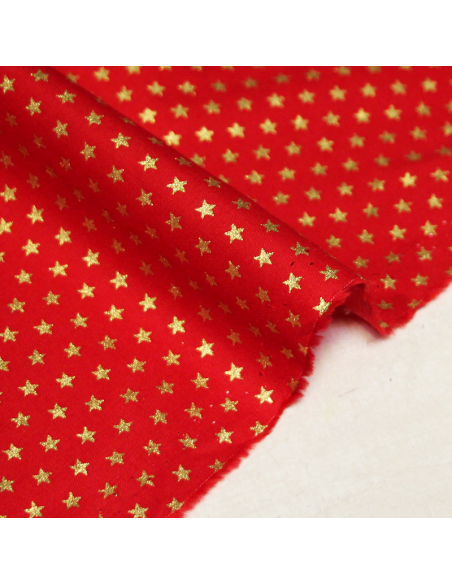 Popeline 100% coton - Étoile dorée fond rouge
