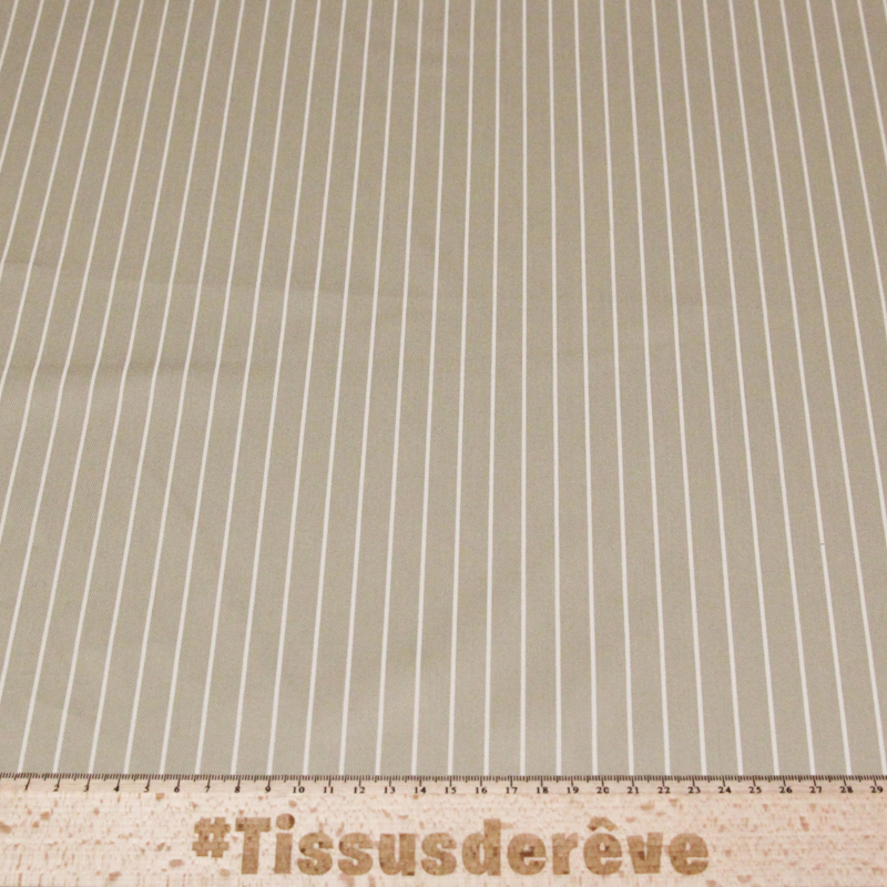Gabardine sergé croisé coton & élasthanne - Rayures blanches fond beige