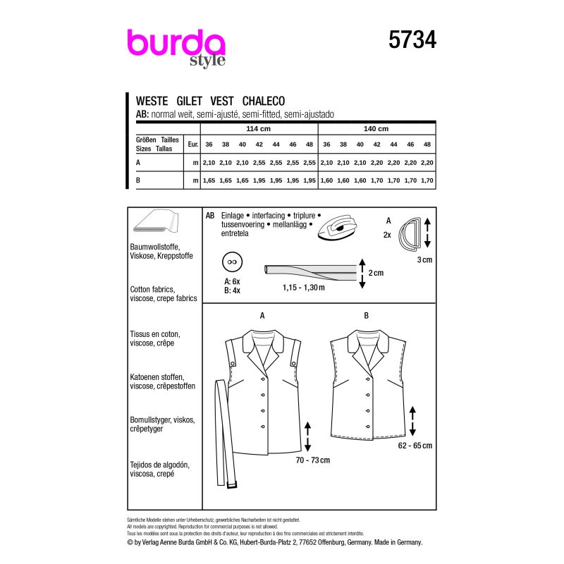 Patron Burda 5734 - Blouse façon gilet sans manches