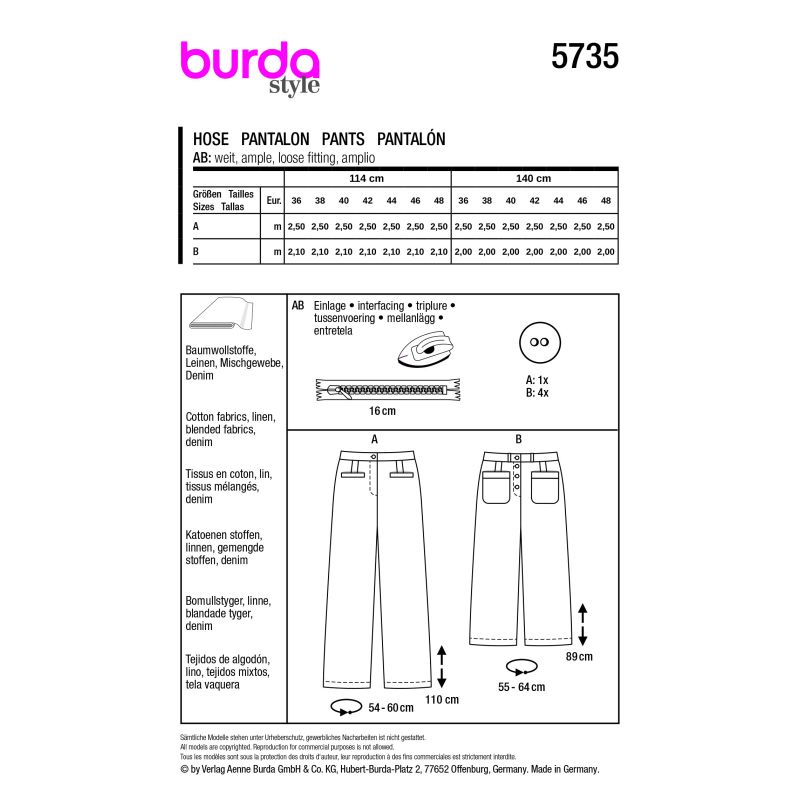 Patron Burda 5735 - Pantalon évasé en deux longueurs