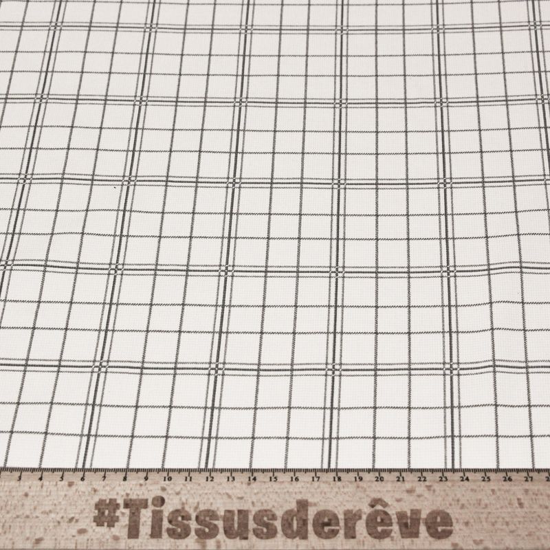 Gabardine sergé croisé coton & élasthanne - Carreaux gris sur fond blanc