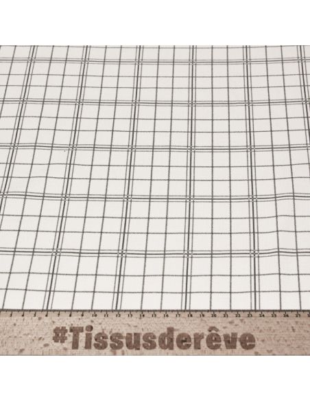 Gabardine sergé croisé coton & élasthanne - Carreaux gris sur fond blanc