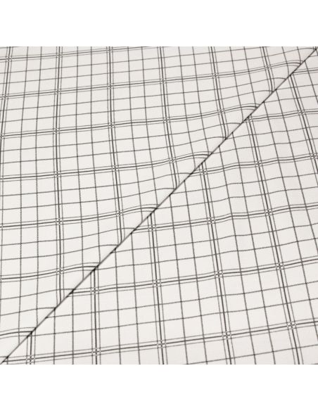 Gabardine sergé croisé coton & élasthanne - Carreaux gris sur fond blanc