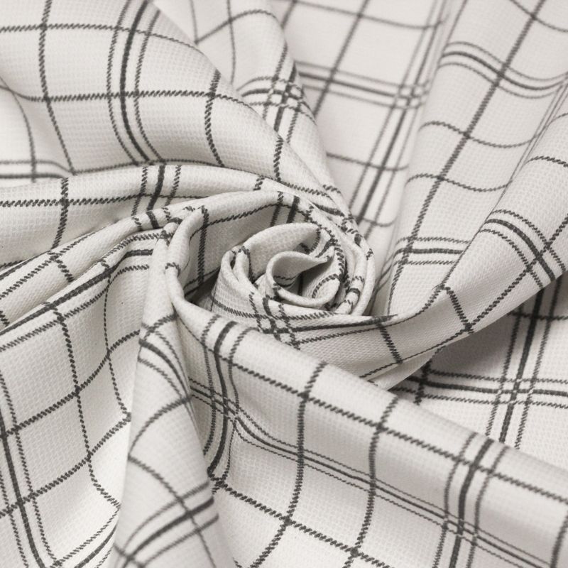 Gabardine sergé croisé coton & élasthanne - Carreaux gris sur fond blanc