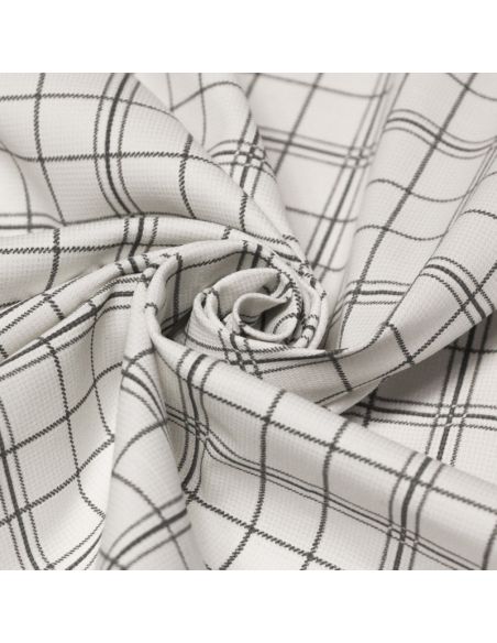 Gabardine sergé croisé coton & élasthanne - Carreaux gris sur fond blanc