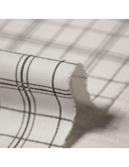 Gabardine sergé croisé coton & élasthanne - Carreaux gris sur fond blanc