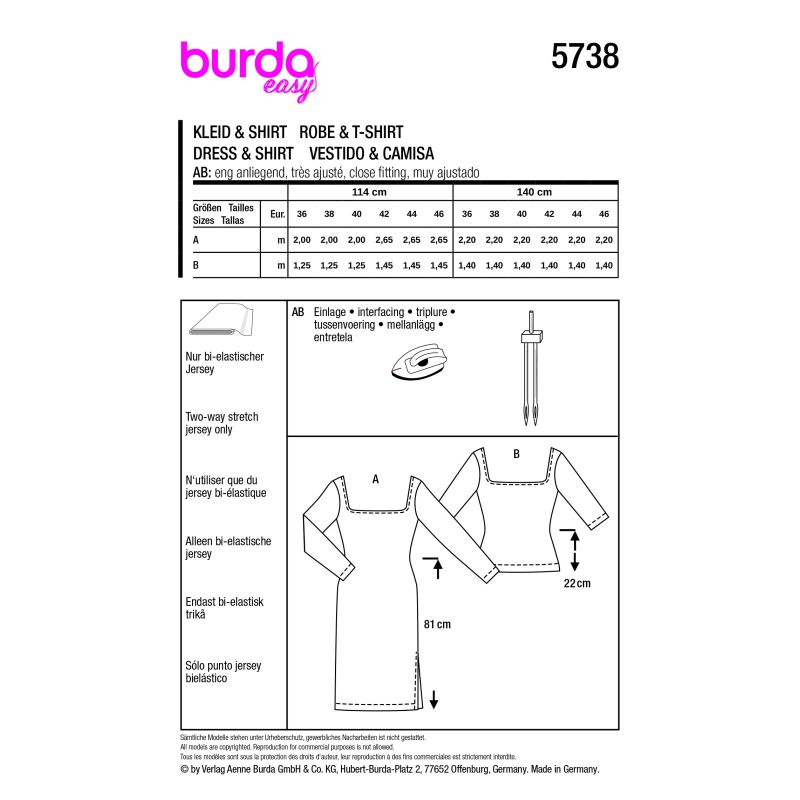Patron Burda 5738 - Robe et t-shirt à large encolure