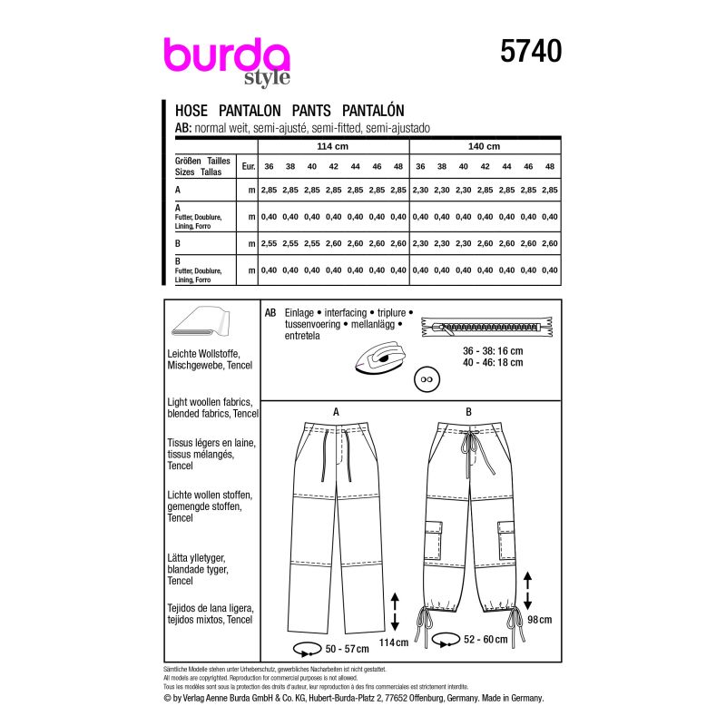 Patron Burda 5740 - Pantalon moderne avec cordon de serrage