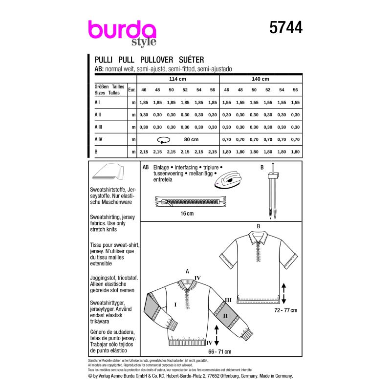 Patron Burda 5744 - Pull-over et t-shirt pour homme au style rétro