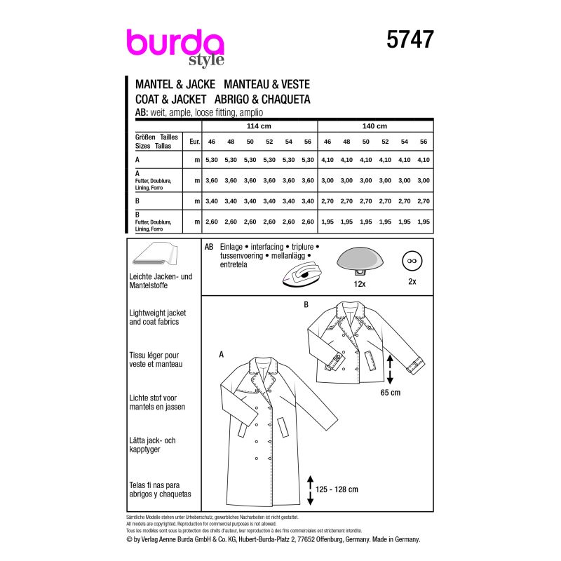 Patron Burda 5747 - Manteau et veste trench-coat pour silhouettes curvy