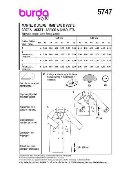 Patron Burda 5747 - Manteau et veste trench-coat pour silhouettes curvy