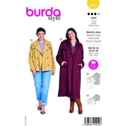 Patron Burda 5747 - Manteau et veste trench-coat pour silhouettes curvy